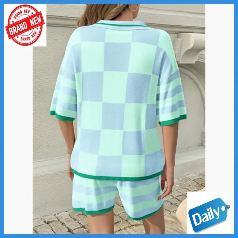 Large Knit Lounge Set V-Neck Top Shorts Matching 2-Piece Outfit
